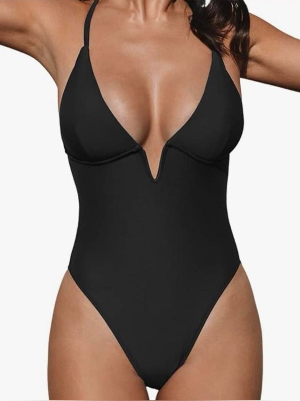 Cupshe Sleek Black Deep V One-Piece Swimsuit